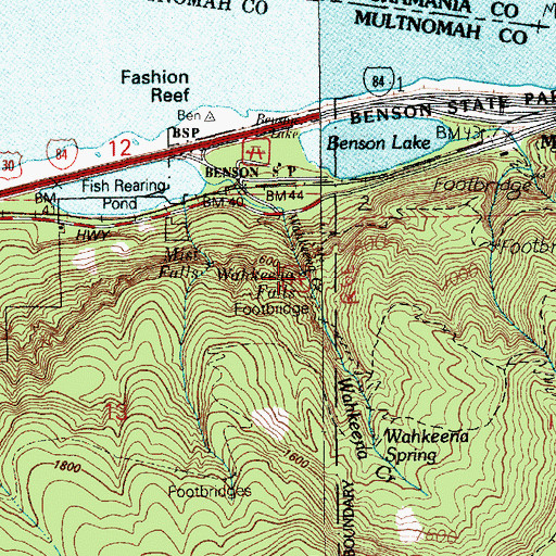 Topographic Map of Wahkeena Falls, OR
