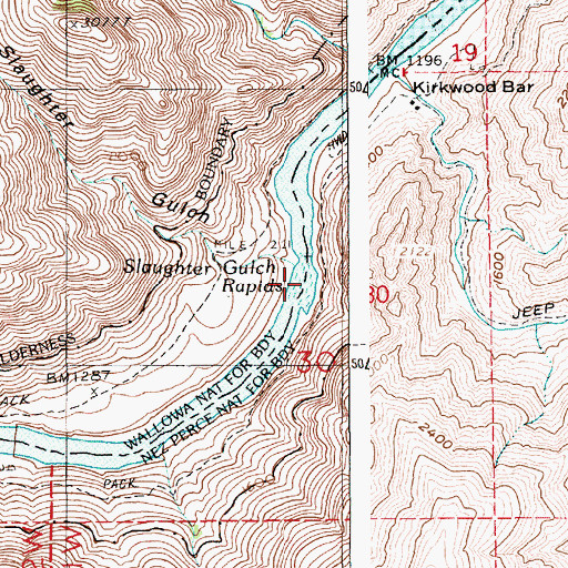 Topographic Map of Slaughter Gulch Rapids, ID