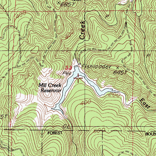Topographic Map of Mill Creek Reservoir, OR