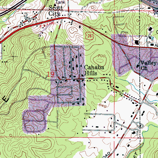 Topographic Map of Cahaba Hills, AL