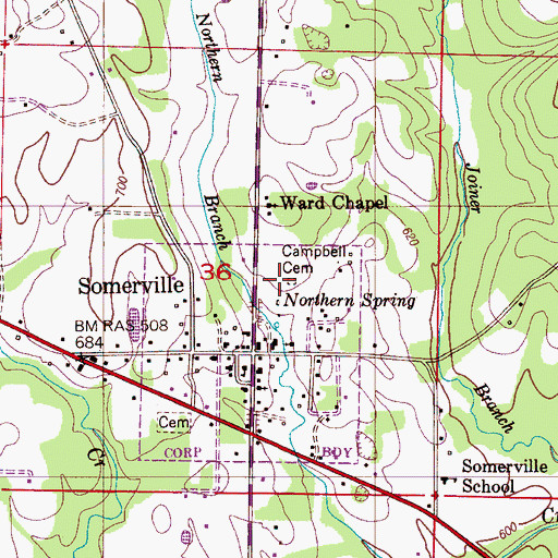 Topographic Map of Campbell Cemetery, AL