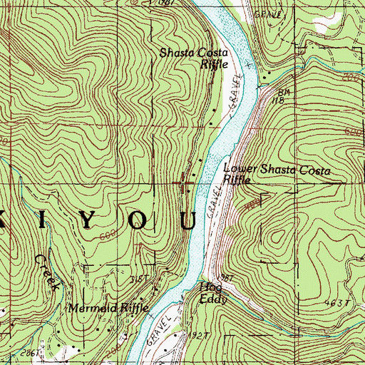 Topographic Map of Lower Shasta Costa Riffle, OR