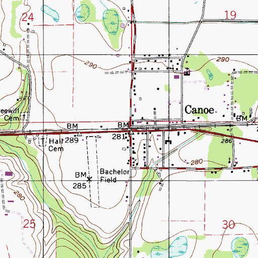 Topographic Map of Canoe, AL