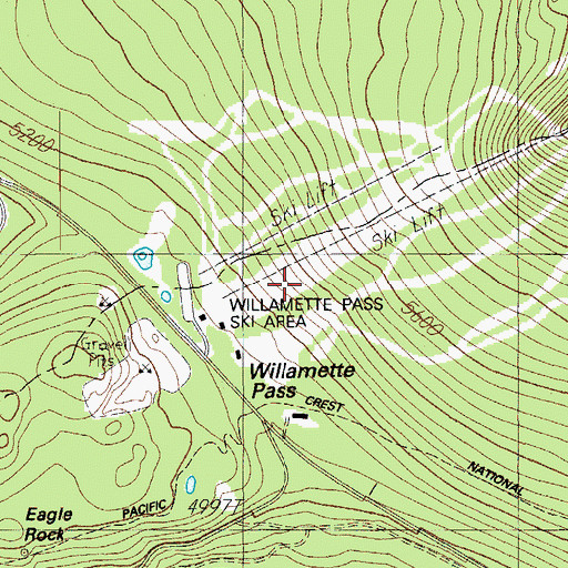 Topographic Map of Willamette Pass Ski Area, OR