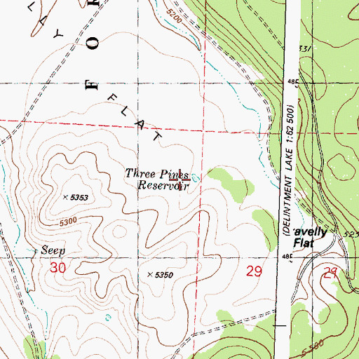 Topographic Map of Three Pines Reservoir, OR