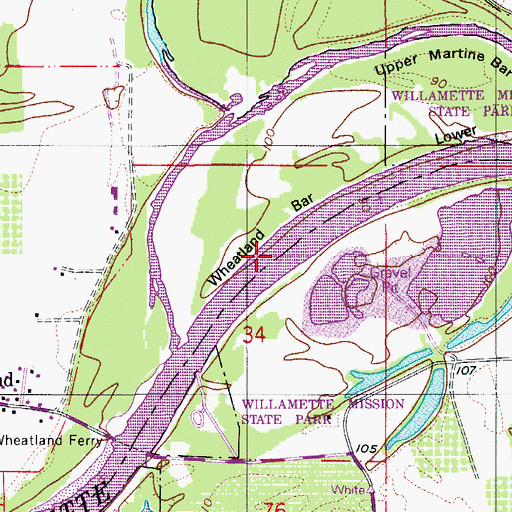 Topographic Map of Wheatland Bar, OR