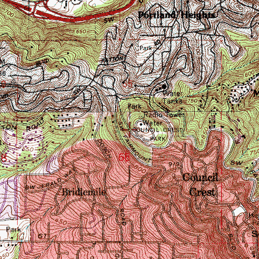 Topographic Map of Council Crest, OR