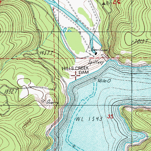 Topographic Map of Hills Creek Dam, OR