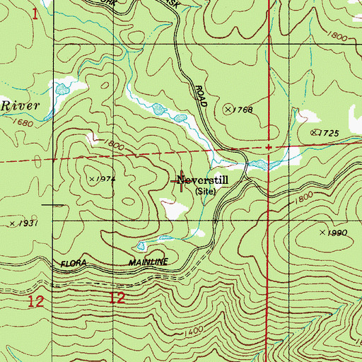 Topographic Map of Neverstill, OR