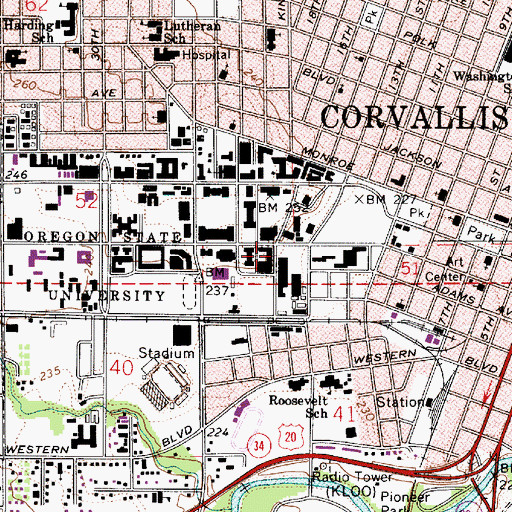 Topographic Map of KBVR-FM, OR