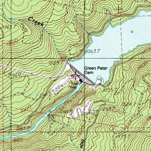 Topographic Map of Green Peter Dam, OR