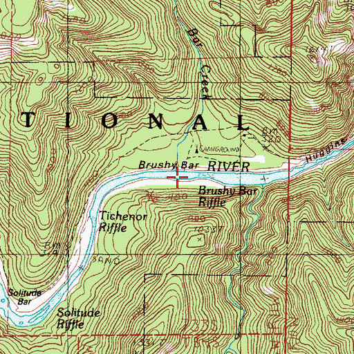 Topographic Map of Brushy Bar Riffle, OR