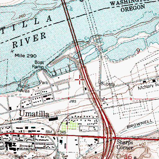 Topographic Map of Umatilla Toll Bridge Toll Plaza (historical), OR