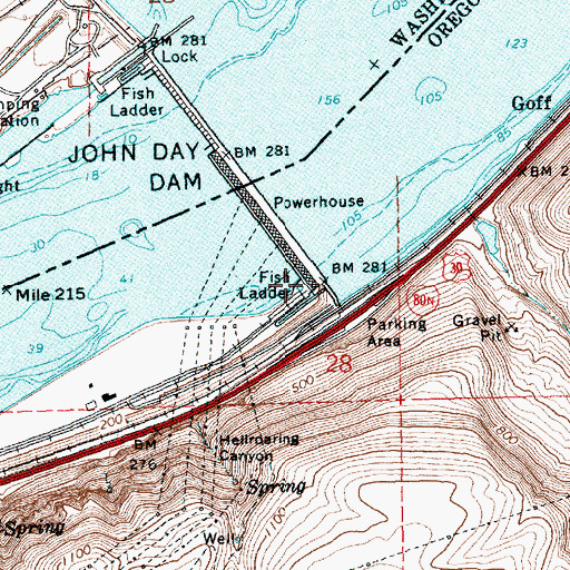 Topographic Map of John Day Dam Fish Ladder, OR