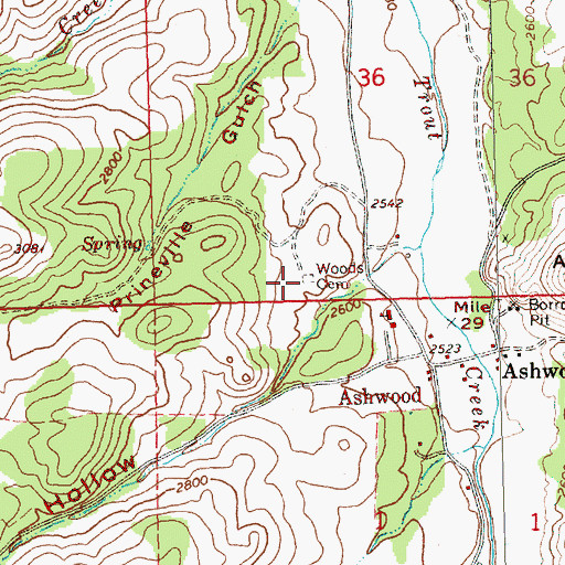 Topographic Map of Woods Cemetery, OR