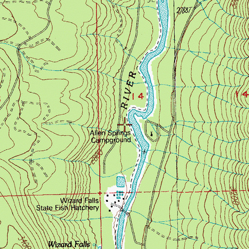 Topographic Map of Allen Springs Recreation Site, OR