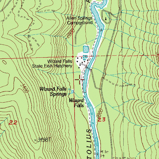 Topographic Map of Wizard Falls Campground (historical), OR