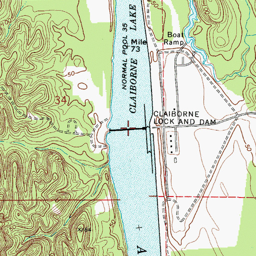 Topographic Map of Claiborne Lock and Dam, AL