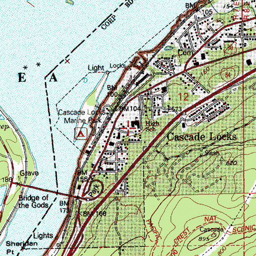 Topographic Map of Cascade Locks School, OR