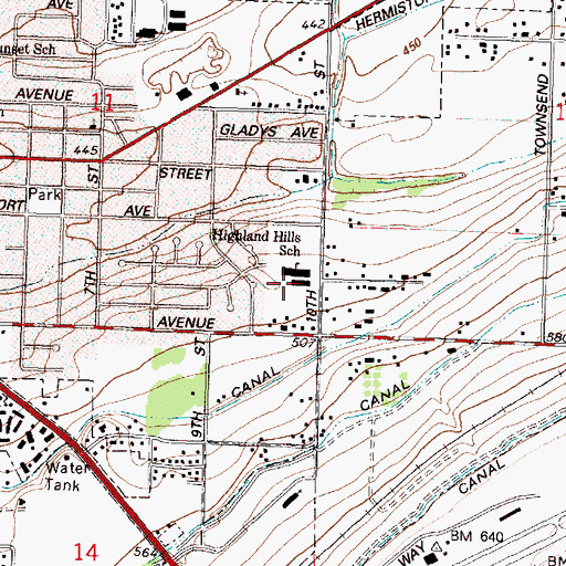 Topographic Map of Highland Hills Elementary School, OR