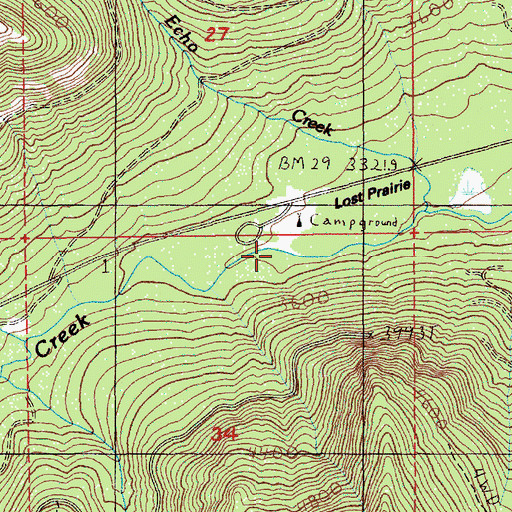 Topographic Map of Lost Prairie Recreation Site, OR