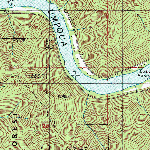 Topographic Map of Umpqua River Safety Rest Area (historical), OR