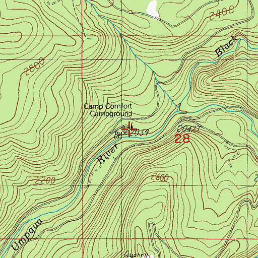 Topographic Map of Camp Comfort Recreation Site, OR