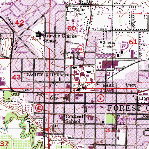 Topographic Map of Pacific University, OR