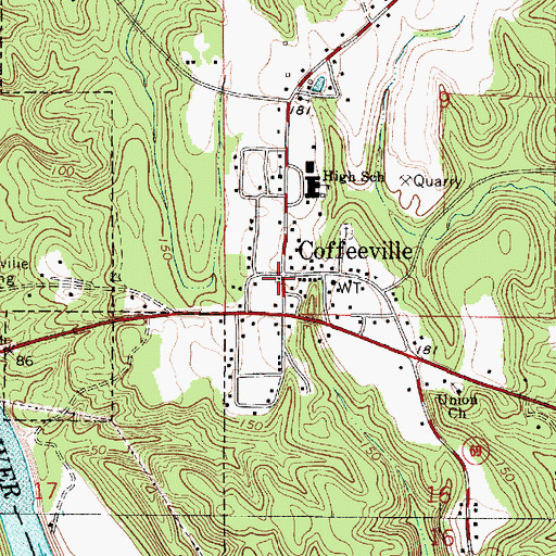Topographic Map of Coffeeville, AL