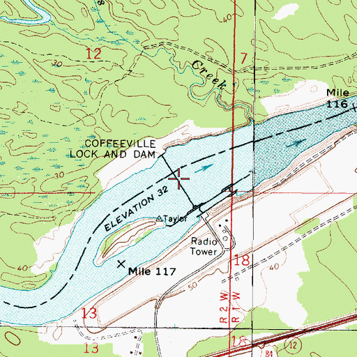 Topographic Map of Coffeeville Lock and Dam, AL