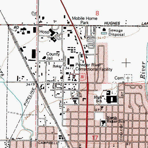 Topographic Map of Baker College, OR