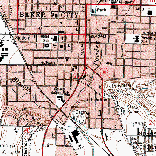 Topographic Map of Baker City Post Office, OR