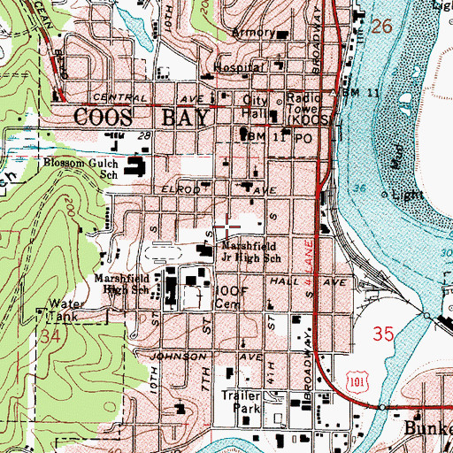 Topographic Map of Coos Bay Post Office, OR