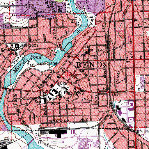 Topographic Map of Downtown Bend Post Office, OR