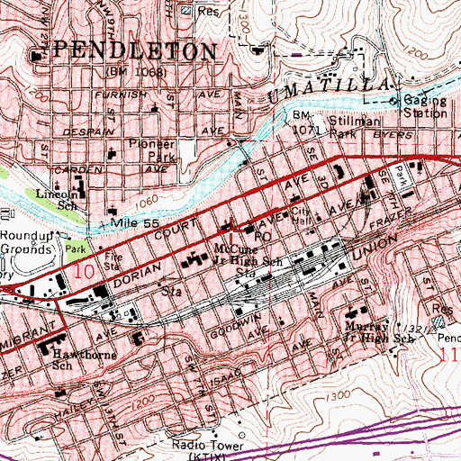 Topographic Map of Pendleton Post Office, OR