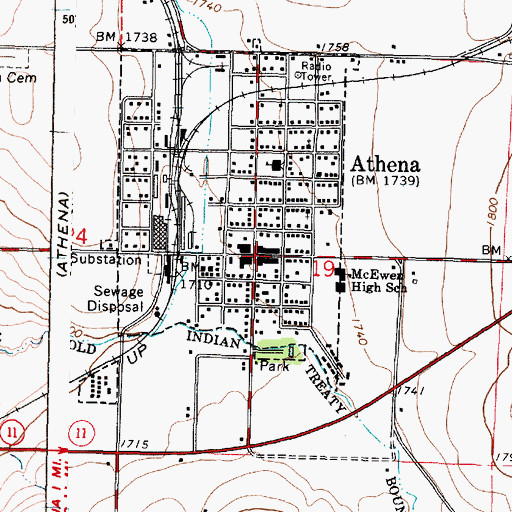 Topographic Map of Athena Post Office, OR