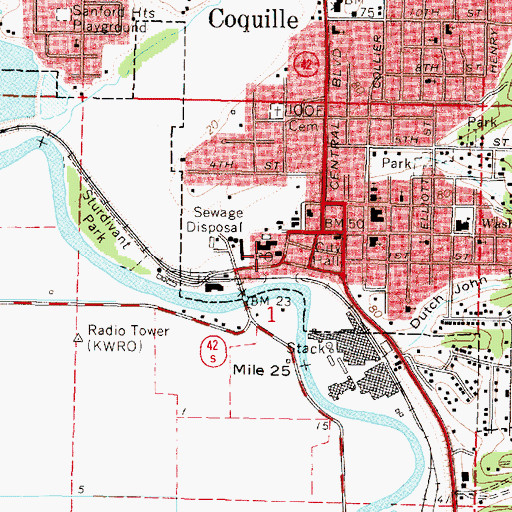 Topographic Map of Coquille Post Office, OR