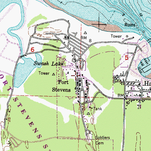 Topographic Map of Fort Stevens Post Office (historical), OR
