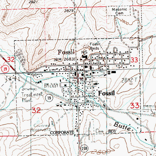 Topographic Map of Fossil Post Office, OR
