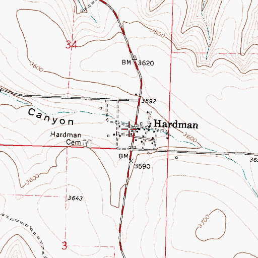 Topographic Map of Hardman Post Office (historical), OR