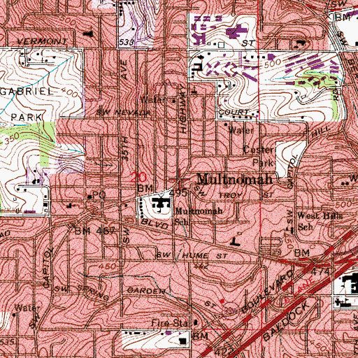 Topographic Map of Multnomah Post Office, OR