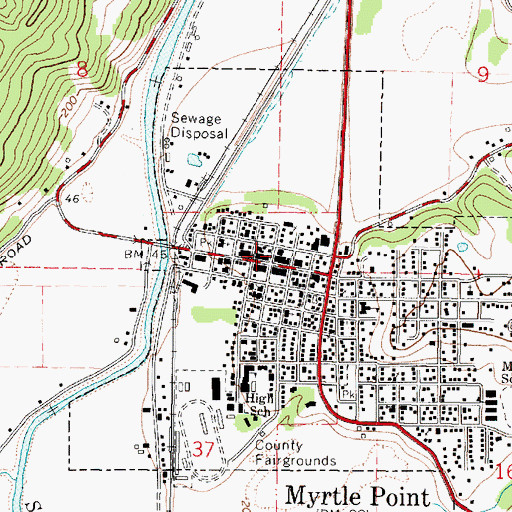 Topographic Map of Myrtle Point Post Office, OR