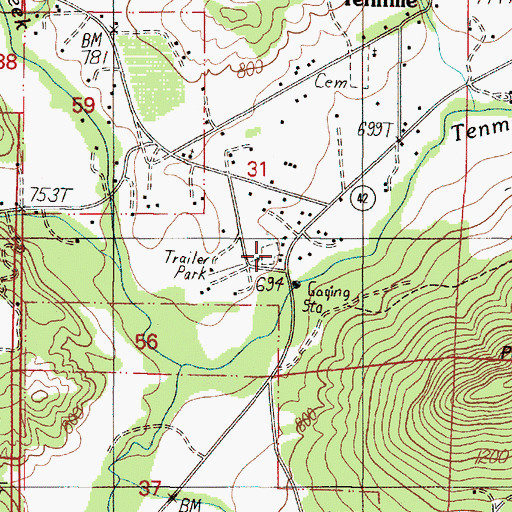 Topographic Map of Tenmile Post Office, OR