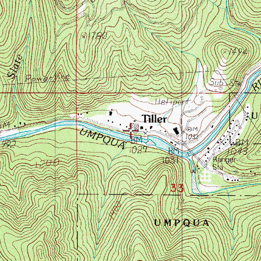 Topographic Map of Tiller Post Office, OR
