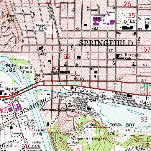 Topographic Map of Springfield City Hall, OR