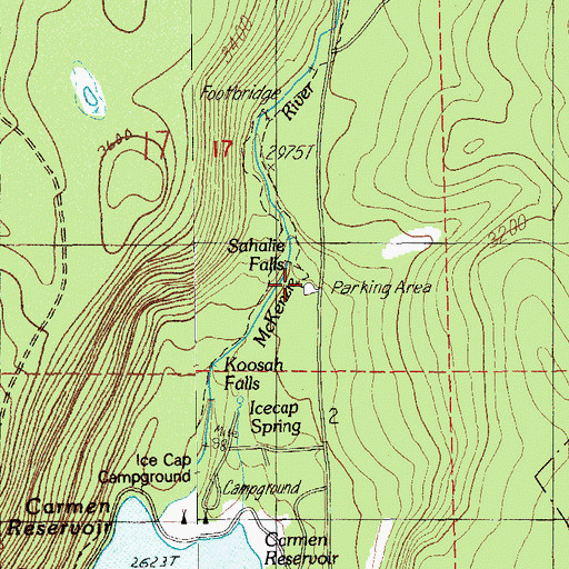 Topographic Map of Sahalie Falls Recreation Site, OR