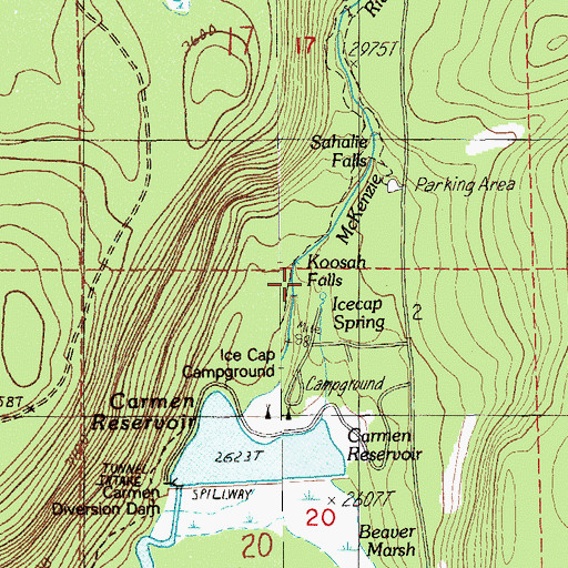 Topographic Map of Koosah Falls Recreation Site, OR