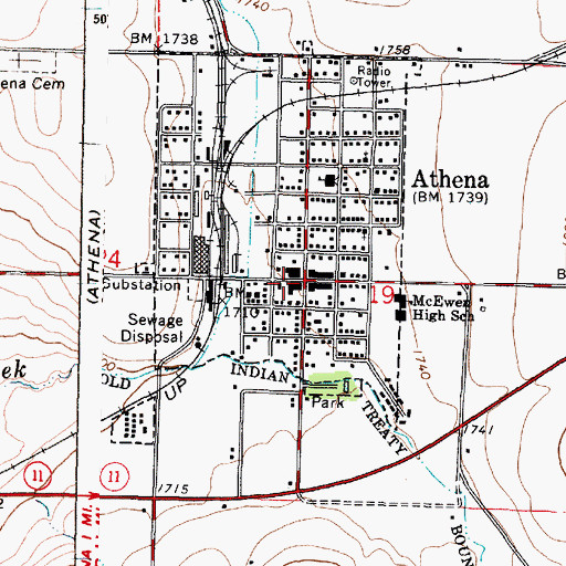 Topographic Map of Athena, OR