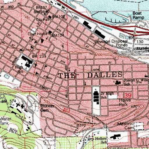 Topographic Map of The Dalles, OR