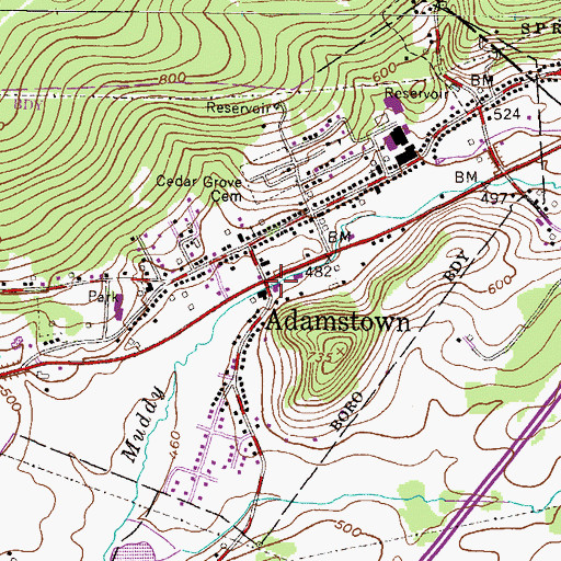 Topographic Map of Adamstown, PA